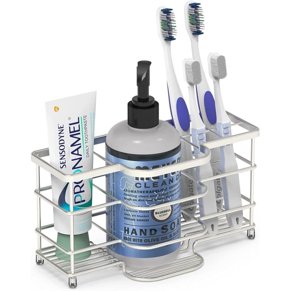 Stainless Steel Electric , Ventilated Tooth Brush Storage Organizer, 6 Slots Multifunctional Rack for Toothpaste, Razor, Shaver, Comb (Brushed Nickel)