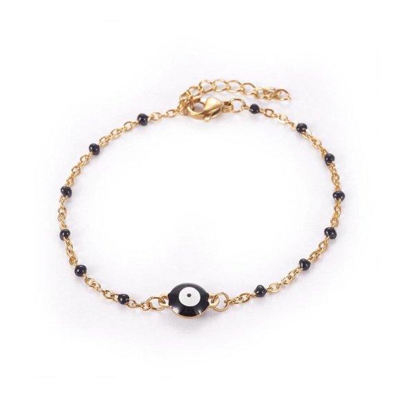 Stainless Steel Enamel Chain Bracelet Lobster Evil Eye Black Adjustable 2mm A110