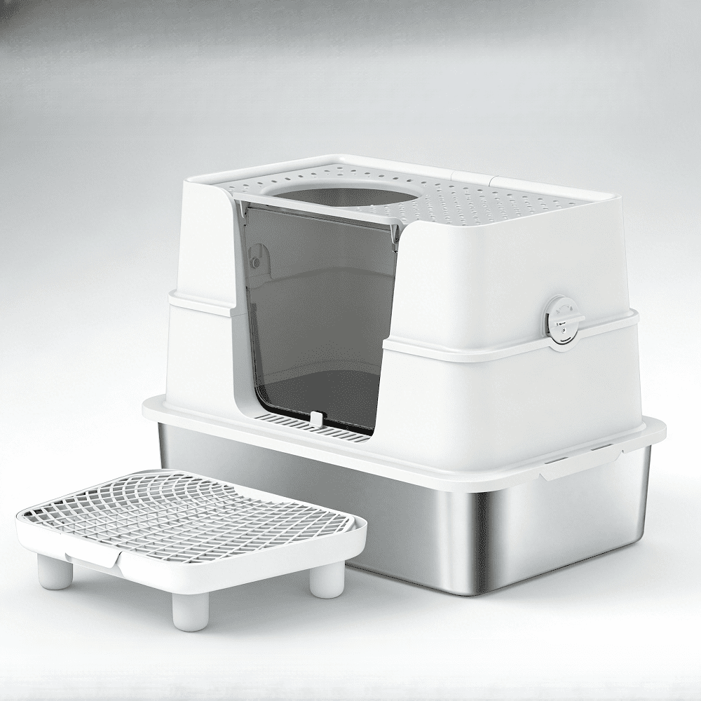 Stainless Steel Enclosed Cat Litter Box Large Covered Cat Litter Box with Top Exit Anti Tracking Step Odor Control Double Door Cat Toilet Easy Clean Metal Litter Tray for Large Cats Multi Cat Homes