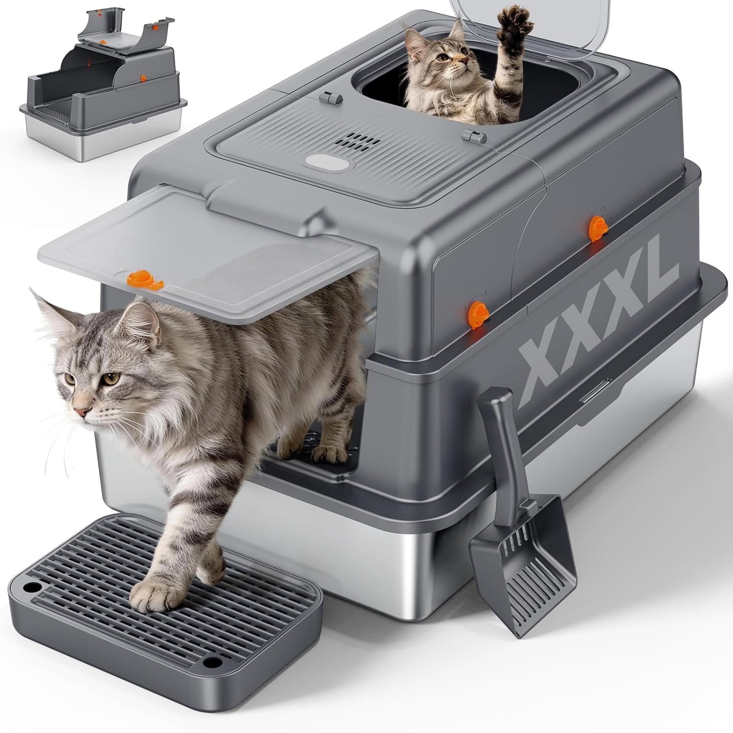 Stainless Steel Enclosed Cat Litter Box with Lid, Large Size for Big Cats, High Sided Metal Box with Scoop, Dual Front and Top Entry, Odor Free and Anti-Leakage Design, Grey Color