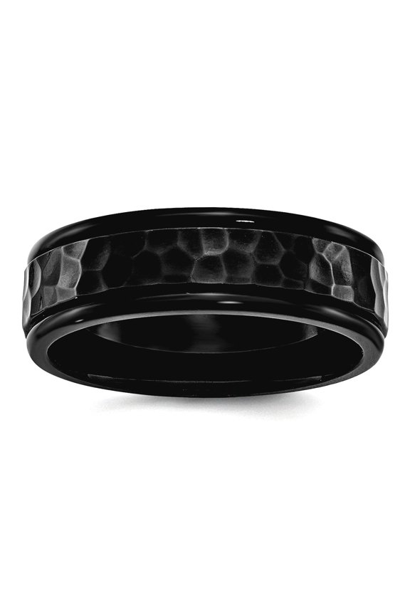 Stainless Steel 7mm Black Ip Plated Hammered and Polished Band Ring Size 7.5 Ring for Women and Men