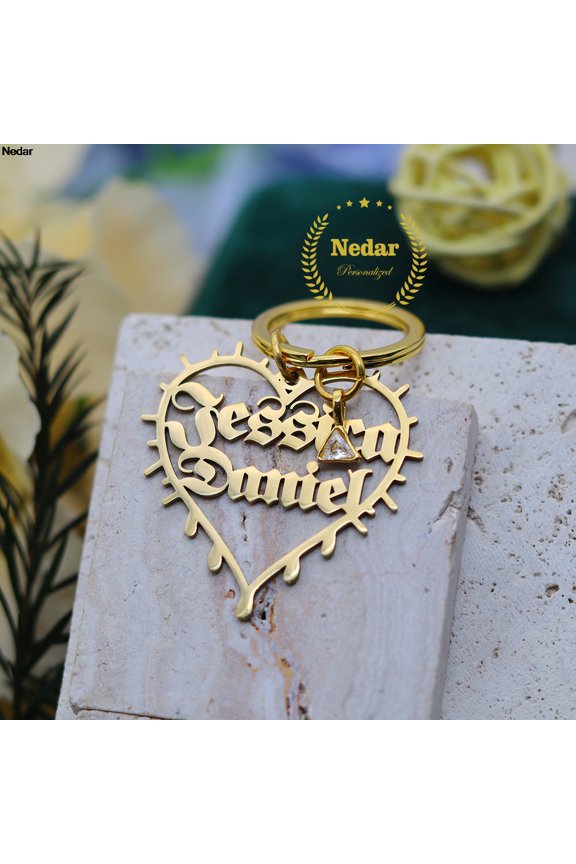 Stainless Steel Engraved Letters Custom Name Birthstone Keyring Customized Heart Family Lover Friends Nameplate Keychain