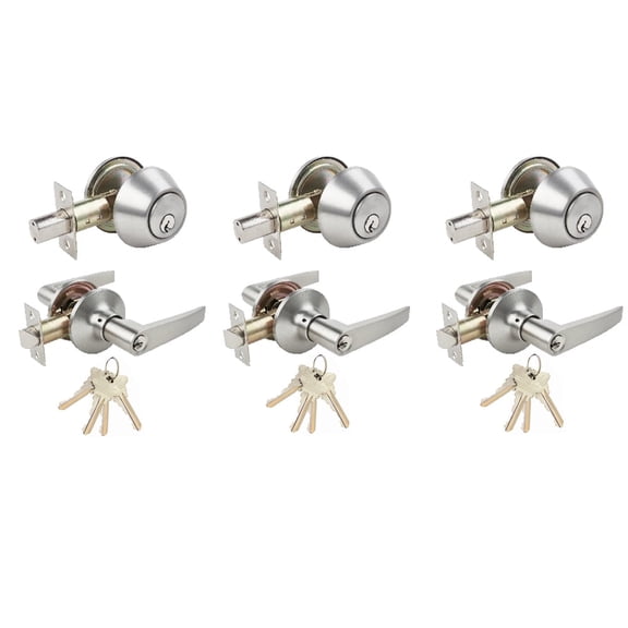Stainless Steel Entry Door Handle Combo Lock Set with Deadbolt and 12 SC1 Keys Total (3-Pack, Keyed Alike)