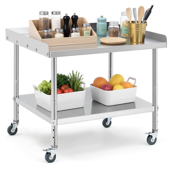 Stainless Steel Equipment Stand with Undershelf 5" Wheels, NSF Commercial Prep & Work Table with Edge Baffle, Heavy Duty Grill for Kitchen, Bar, Restaurant