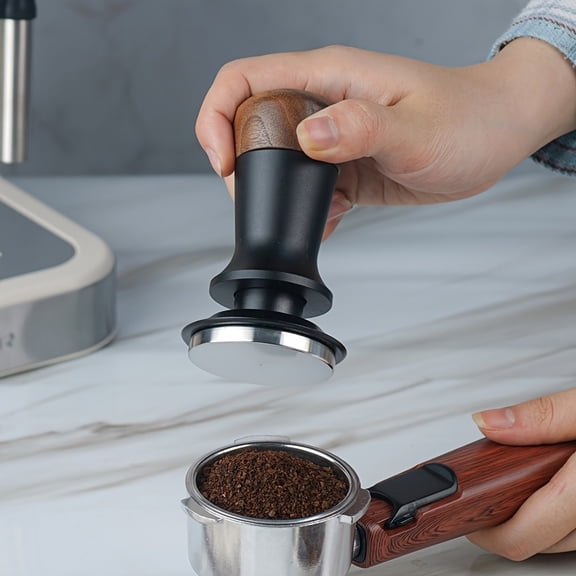 Stainless Steel Espresso Coffee Tamper with Walnut Wood Handle, Adjustable Height Thread Base Coffee Hand Compactor, Professional Barista Concentric Ribbed Powder Hammer for Portafilter