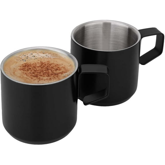 Stainless Steel Espresso Cups 2 Pcs Set, Double Wall Insulated Unbreakable Small Cup for Outdoor Events Picnics Party, Black 5 OZ