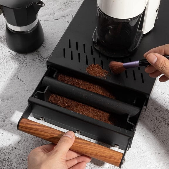 Stainless Steel Espresso Knock Box with Drawer and Wood Handle - Black Coffee Grounds Container