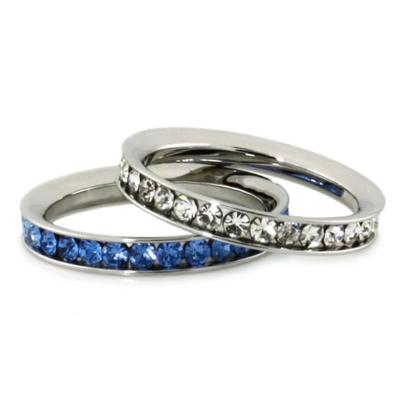 Tioneer Stainless Steel Eternity 3 mm Clear & Blue Sapphire Color Crystal Stackable Rings (2 pieces) Set