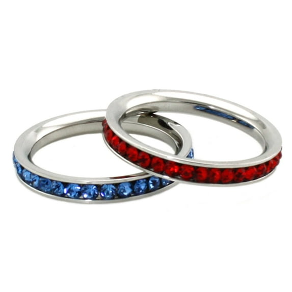 Tioneer Stainless Steel Eternity 3 mm Ruby & Blue Sapphire Color Crystal Stackable Rings (2 pieces) Set