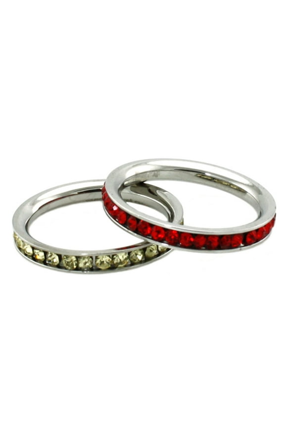 Stainless Steel Eternity 3 mm Ruby & Citrine Color Crystal Stackable Rings (2 pieces) Set