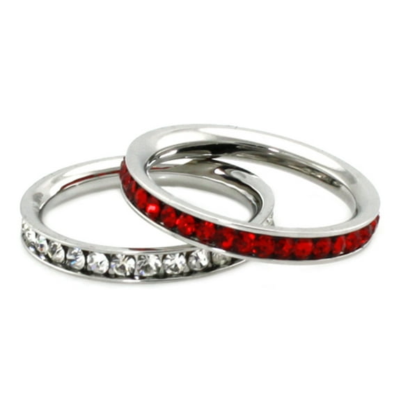 Stainless Steel Eternity 3 mm Ruby & Clear Color Crystal Stackable Rings (2 pieces) Set