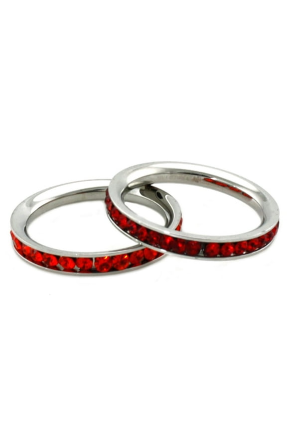 Stainless Steel Eternity 3 mm Ruby & Hyacinth Color Crystal Stackable Rings (2 pieces) Set