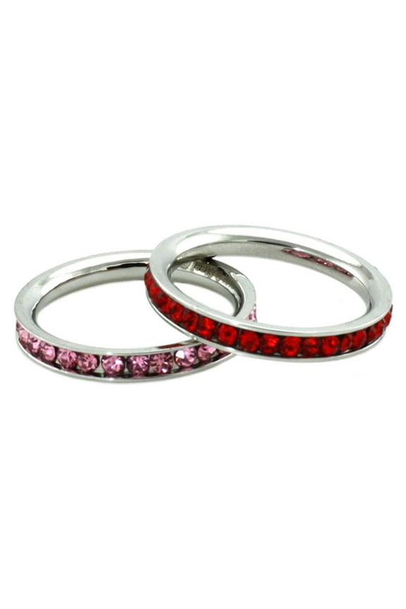 Stainless Steel Eternity 3 mm Ruby & Rosaline Color Crystal Stackable Rings (2 pieces) Set