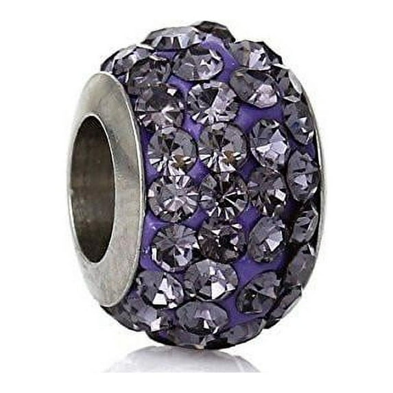 Stainless Steel European Style Charm Beads Round Silver Tone Purple Rhinestone