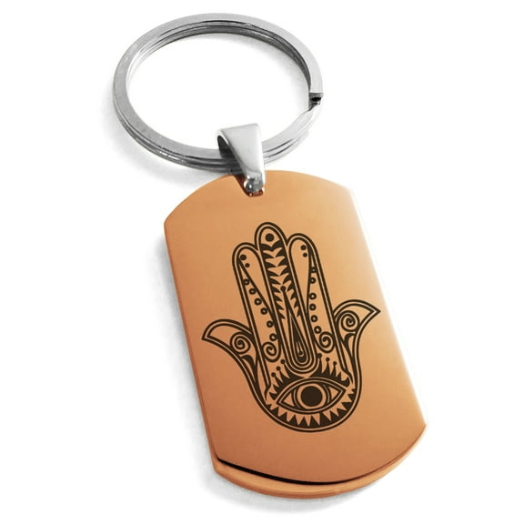 Stainless Steel Evil Eye Hamsa Hand of Fatima Engraved Dog Tag Keychain Keyring