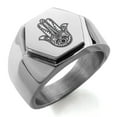 thumbnail image 1 of Stainless Steel Evil Eye Hamsa Hand of Fatima Engraved Hexagon Crest Flat Top Biker Style Polished Ring, 1 of 1