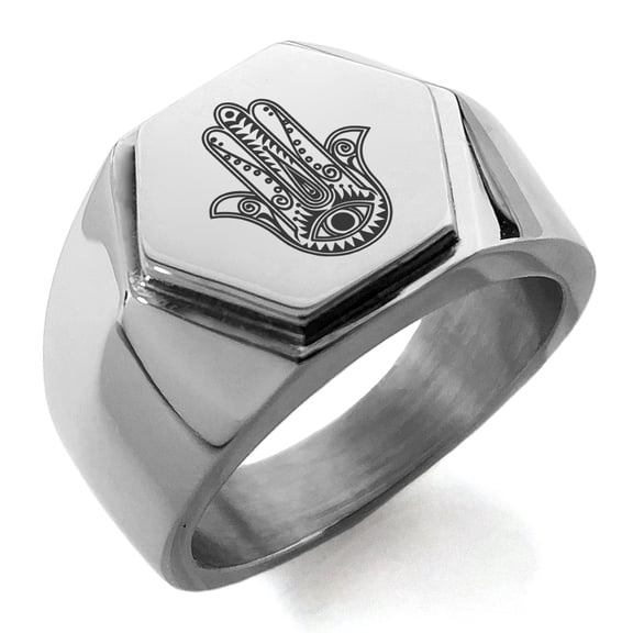 Stainless Steel Evil Eye Hamsa Hand of Fatima Engraved Hexagon Crest Flat Top Biker Style Polished Ring