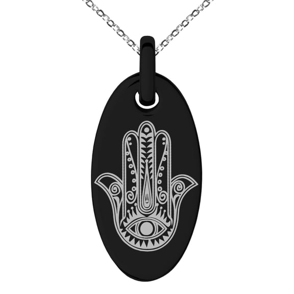 Stainless Steel Evil Eye Hamsa Hand of Fatima Engraved Small Oval Charm Pendant Necklace