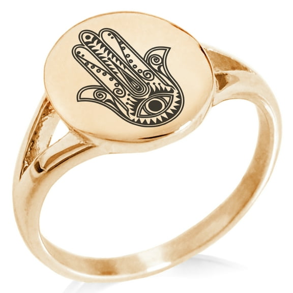 Tioneer Stainless Steel Evil Eye Hamsa Hand of Fatima Minimalist Oval Top Polished Statement Signet Ring