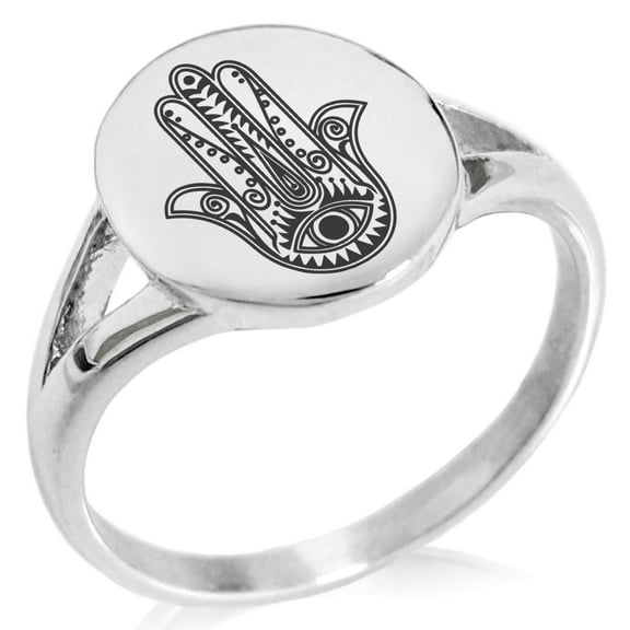 Tioneer Stainless Steel Evil Eye Hamsa Hand of Fatima Minimalist Oval Top Polished Statement Signet Ring