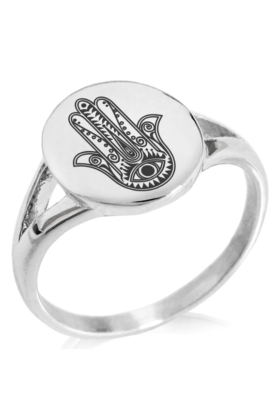 Stainless Steel Evil Eye Hamsa Hand of Fatima Minimalist Oval Top Polished Statement Signet Ring