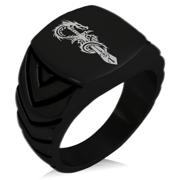 Stainless Steel Exalted Dragon Blade Chevron Pattern Biker Style Polished Ring