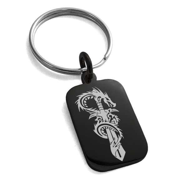 Tioneer Stainless Steel Exalted Dragon Blade Engraved Small Rectangle Dog Tag Charm Keychain Keyring