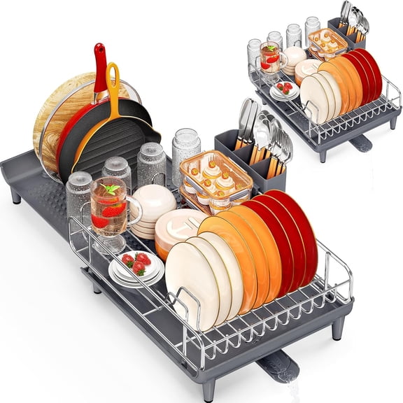 Stainless Steel Expandable Dish Rack, Large Foldable Dish Dryer with Cutlery Holder, Collapsible Countertop Dish Drainer Rack, Gray