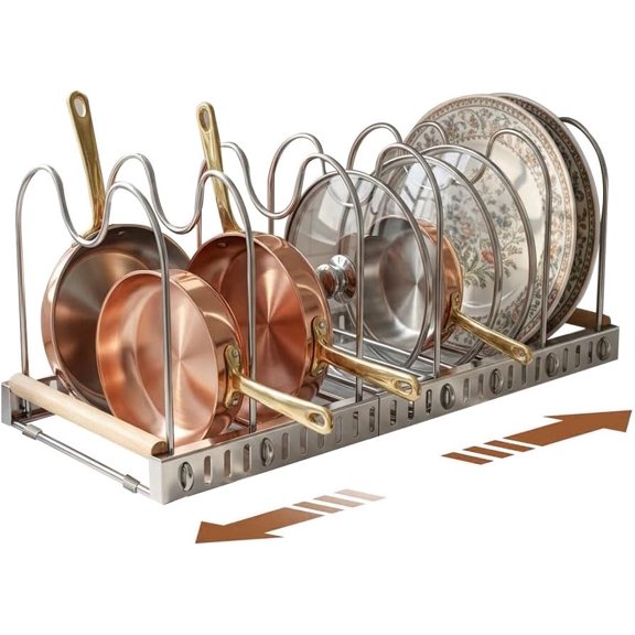 Stainless Steel Expandable Pot and Pats Organizer for Kitchen, Expandable Cookware Rack for Cutting Boards, Lids, Plate, Bowls, 304 SS 10 Adjustable Dividers Expanded Size 22.64" Lx7.28 Wx7.68 H