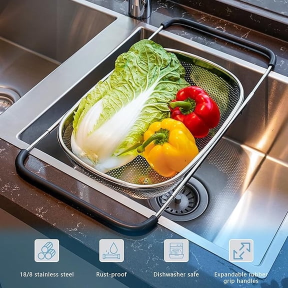 Stainless Steel Expandable Sink Colander, Draining Basket, Kitchen Strainer for Vegetables, Fruits, Pasta, Dish Drying, 1 Count