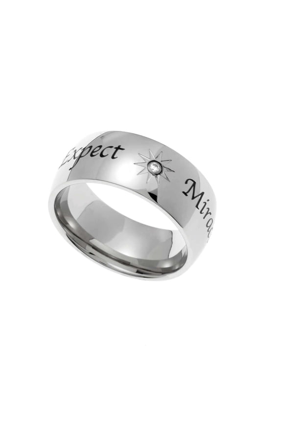 Stainless Steel "Expect Miracles" Inspirational Ring with Cubic Zirconia Sun Design size 9