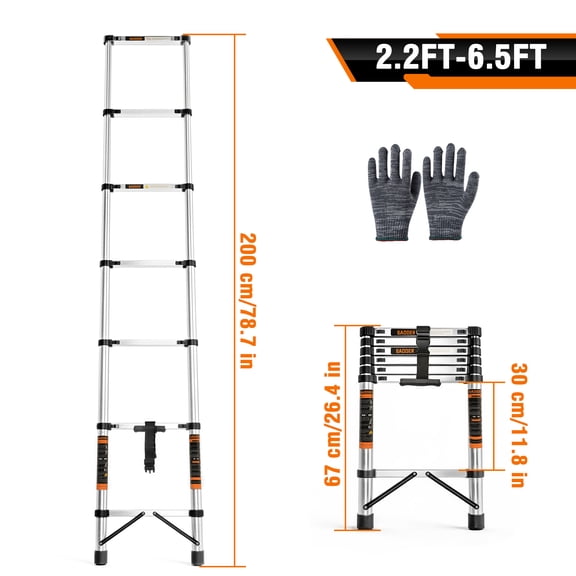 Stainless Steel Extension Ladder 6.5FT -- Heavy Duty Telescoping Ladder with Non-Slip Feet