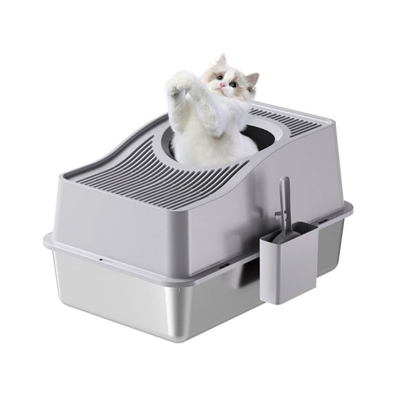 Stainless Steel Extra Large High Sides Cat Litter Tray, Closed Odour Resistant, Top Entry Leak Protection, Removable for Cats,Grey,60x40x39.5cm