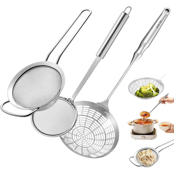 Stainless Steel Extra Ultra Fine Fat Skimmer Spoon Set, Very Fine Mesh Strainer Scoop, Slotted Ladle with Holes, Spider Strainer for Frying, Fryer, Pasta, Egg, Soup, Oil, Grease(Set,Large)