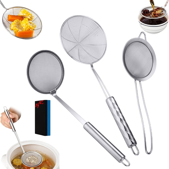 Stainless Steel Extra Ultra Fine Fat Skimmer Spoon Set, Strainer Scoop, Slotted Spoon with Holes, Kitchen Cooking Utensil for Frying, Egg, Soup, Oil, Grease (1Set)