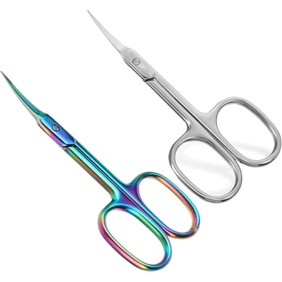 Stainless Steel Eyebrow Scissors- 2 Pcs Portable Fine Curved Cuticle & Manicure Scissors for Nails, CuticleEyelashes, Beards (Silver & Colorful)