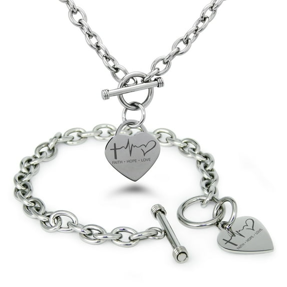 Tioneer Stainless Steel Faith Hope Love Lifeline Heart Charm Toggle Bracelet & Necklace