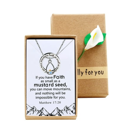 Stainless Steel Faith Jewelry Ring Pendant Bible Scripture Christian Necklace with Tear Drop Mustard Seed Charms, with Gift Box