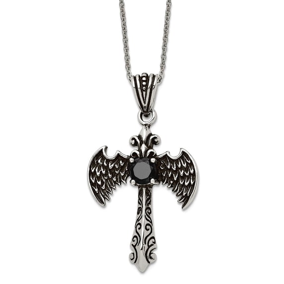 Stainless Steel Fancy Lobster Closure Oxidized and Polished With Black Cubic Zirconia Religious Faith Cross Necklace 20