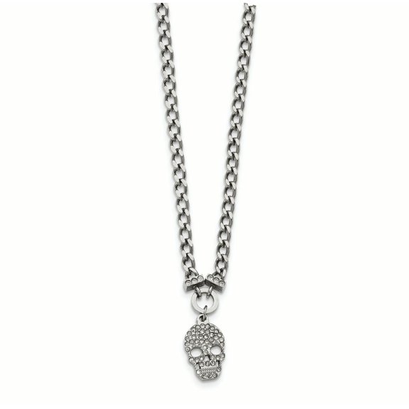Stainless Steel Fancy Lobster Closure Polished Crystal Skull Necklace 18 Inch Pendant Necklace for Women