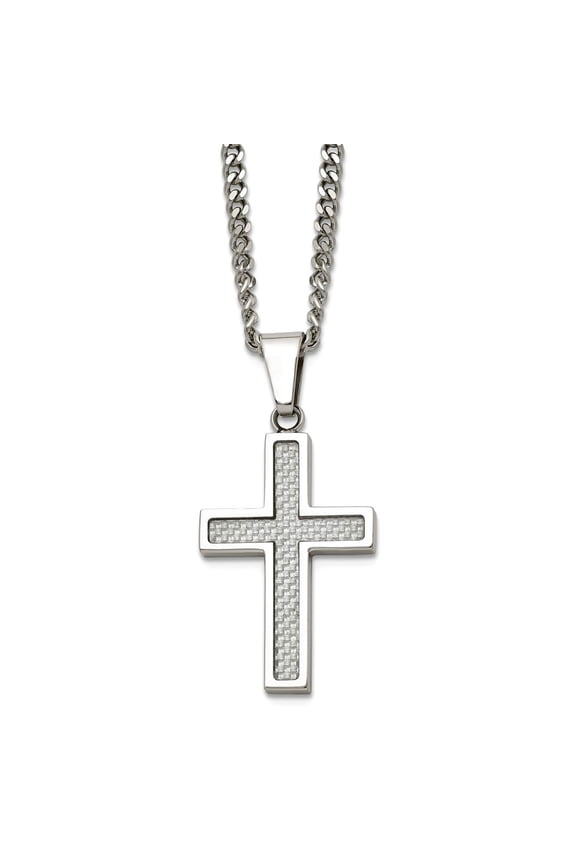 Stainless Steel Fancy Lobster Closure Polished Grey Carbon Fiber Small Religious Faith Cross Necklace 20 Inch 20mm Wide