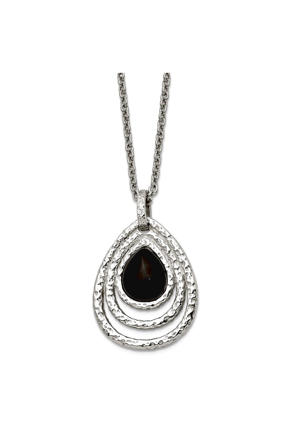 Stainless Steel Fancy Lobster Closure Polished Textured Black Simulated Onyx With 2inch Ext. Necklace 18 Inch 24mm Wide
