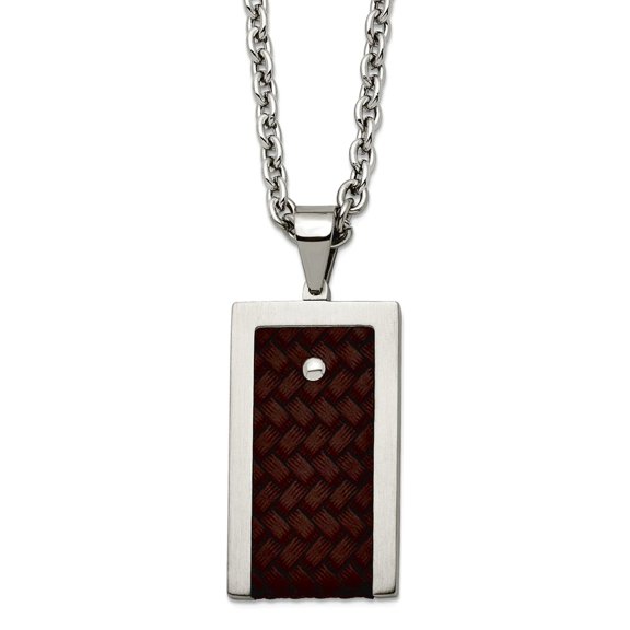 Stainless Steel Fancy Lobster Closure Reversible Brushed and Polished With Brown Leather Necklace 24 Inch 24.1mm Wide Pe