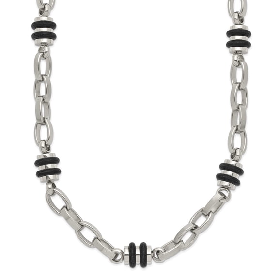 Stainless Steel Fancy Necklace Chain Chisel Polished with Black Rubber Barrel Link 22 inch 6 mm