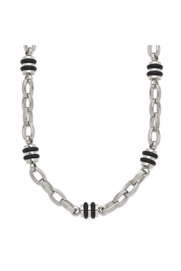 Stainless Steel Fancy Necklace Chain Chisel Polished with Black Rubber Barrel Link 22 inch 6 mm