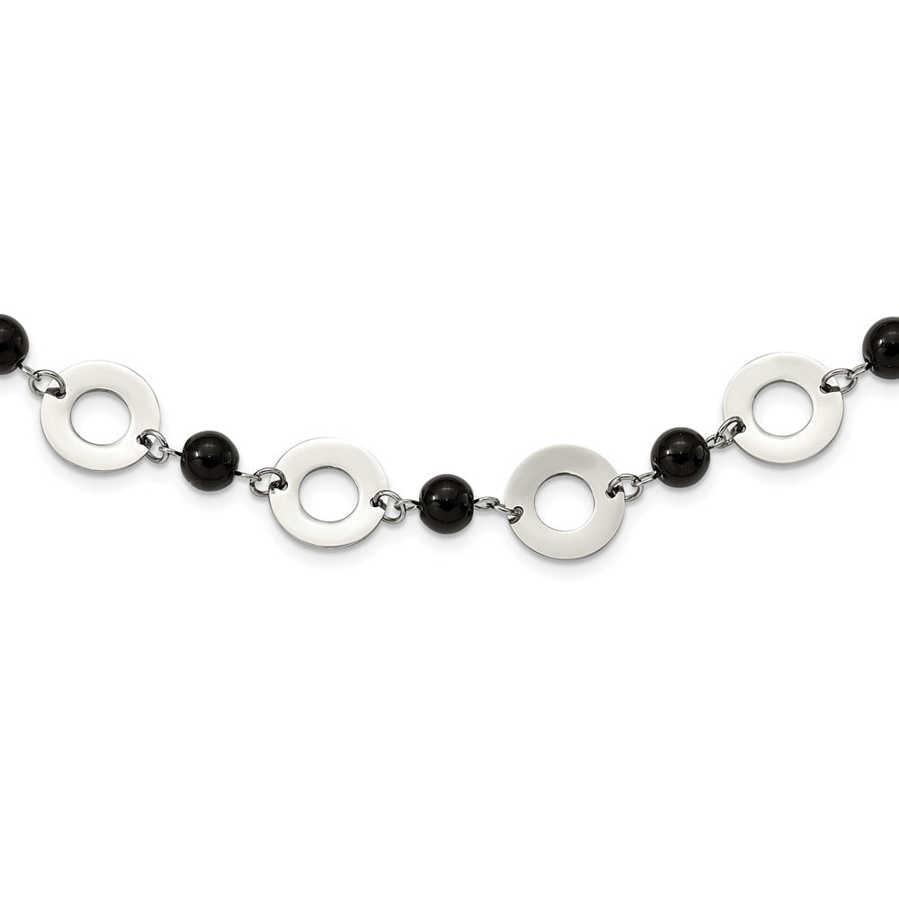 Stainless Steel Fancy Necklace Chain Polished w/Black Agate w/1.5in ext Leather Cord 27 inch