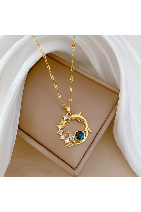 Stainless Steel Fashion Dolphin Pendant NECKLACE, Suitable for Women's Daily Wear, Holiday Jewelry Gift New Model,Gold