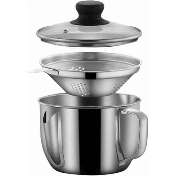 Stainless Steel Fat Separator 1L/4 Cup, Gravy Grease With Strainer And Glass Lid, Soup Oil for Kitchen,Frying, Cooking, Camping