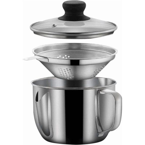 Stainless Steel Fat Separator 4 Cup/1000ML Gravy Grease Separator with Strainer and Glass Lid, Soup Oil Separator Cup for Cooking, Oil Soup Separator Strainer Pot for Kitchen (Silver)