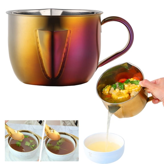 Stainless Steel Fat Separator Bowl, Fat Separator with Dual Spout Design, Stainless Steel Gravy and Sauce Strainer with Handle, Reusable Fat Separator Jug for Broth, Soup, Stew, Hot Pot,3.9x5.5inch